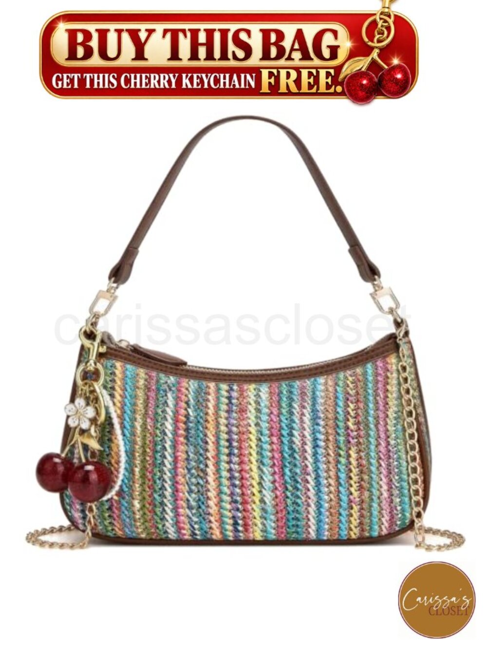 ✨ Hobo Shoulder Bag PU Leather w Cherry Charm Removable Straps Zipper
